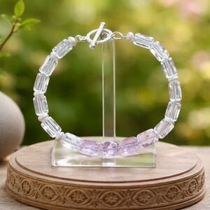 Natural Kunzite Bracelet Handcrafted Sterling Silver , Toggle Clasp
